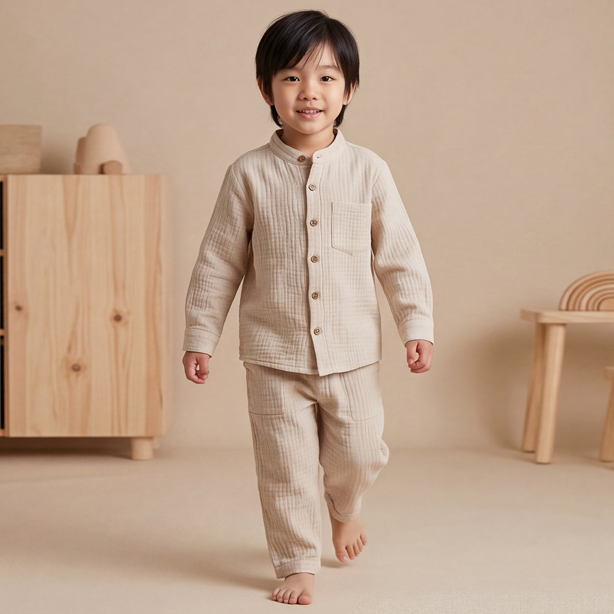 Boys Off White Mandarin collar Shirt With Elasticated Pants Set