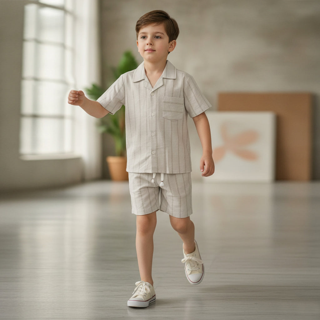 Boys Beige Short Sleeve Shirt With Drawcord Waist Shorts Sets