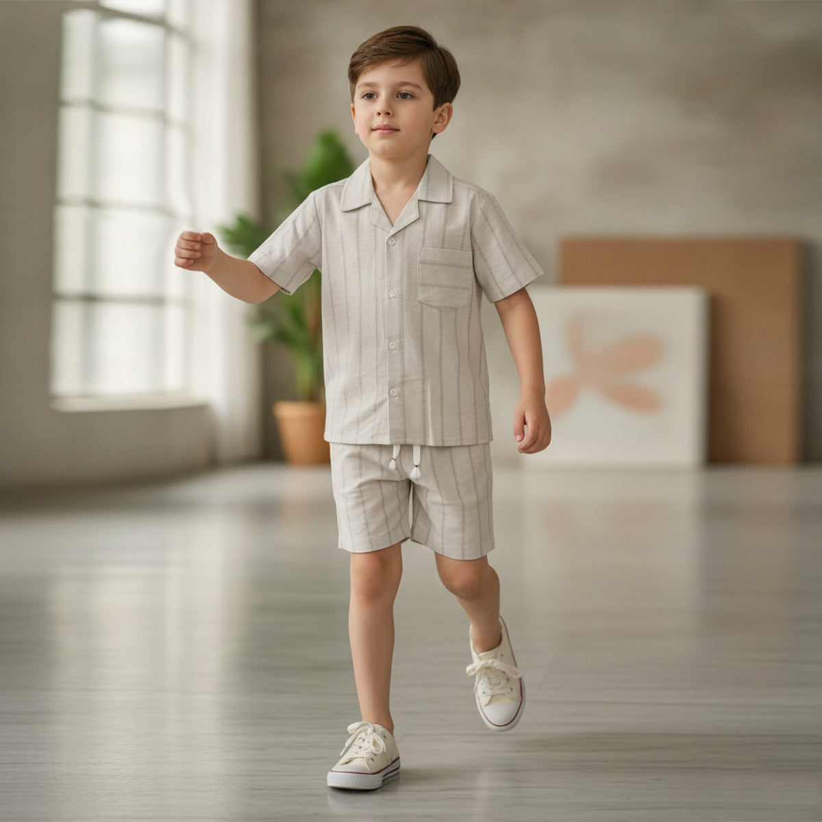 Boys Beige Short Sleeve Shirt With Drawcord Waist Shorts Sets