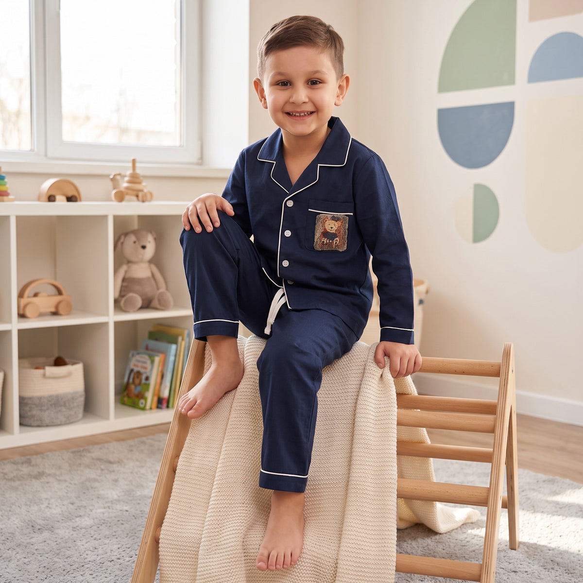 Boys Navy Pajama Set: Long Sleeve Shirt and Elasticated Pants Sleepwear
