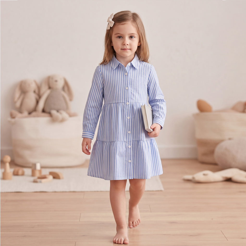 Girls Blue Stripes Long Sleeve Shirt Dress