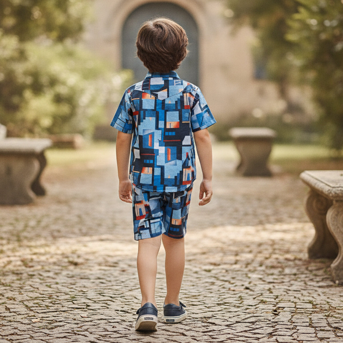 Boys Navy Printed Short Sleeve Shirt and Shorts Co-ord Set