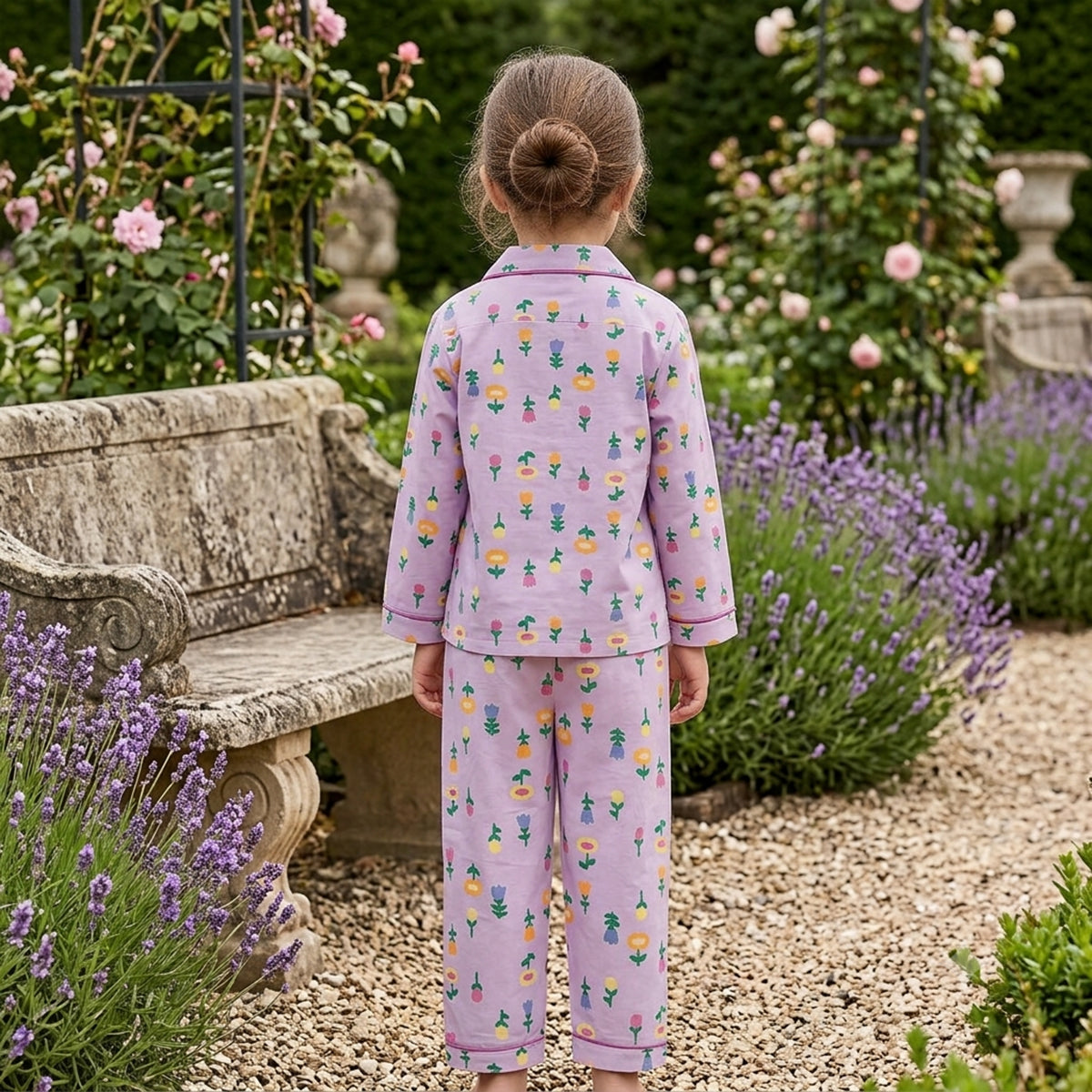 Girls Lilac Flower Print Button-Down Long-Sleeve Shirt & Pants Nightwear Set