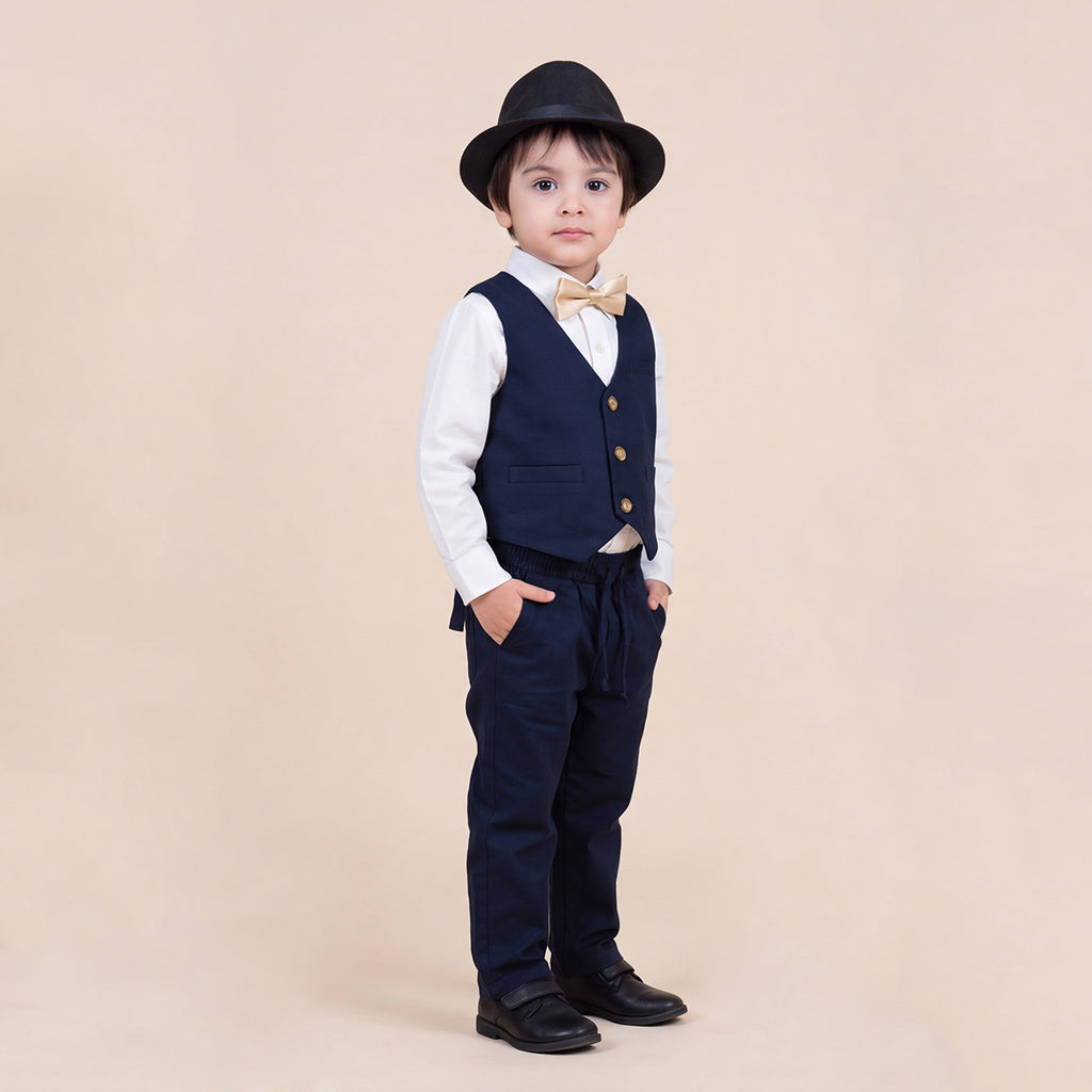 Toddler Boys Navy 3Pcs Outfit Set Shirt with Waist Coat and Pants Suit