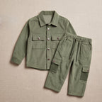 Boys Green Cotton Corduroy Shirt With Trousers Set