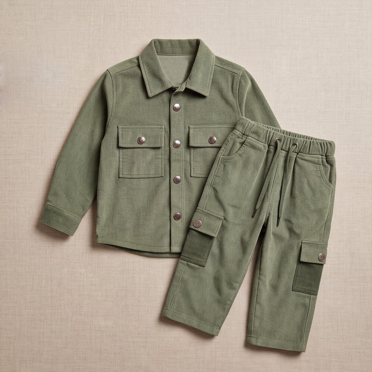 Boys Green Cotton Corduroy Shirt With Trousers Set