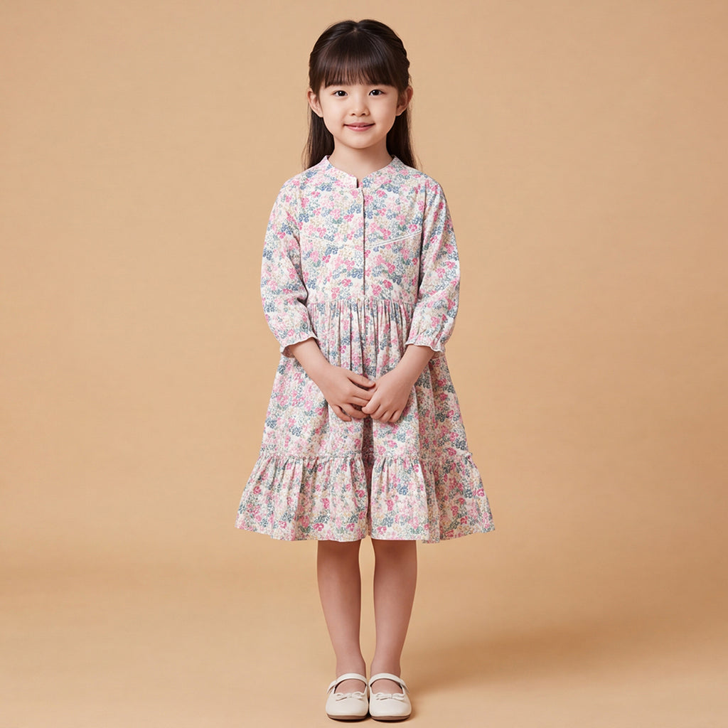 Girls Pink Floral Printed Long Sleeve Dress