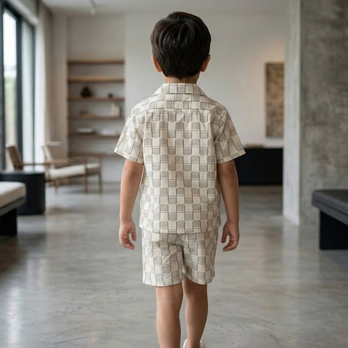 Boys Apricot Short Sleeve Printed Shirt With Drawcord Waist Shorts Sets