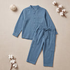 Boys Blue Mandarin collar Shirt With Elasticated Pants Set