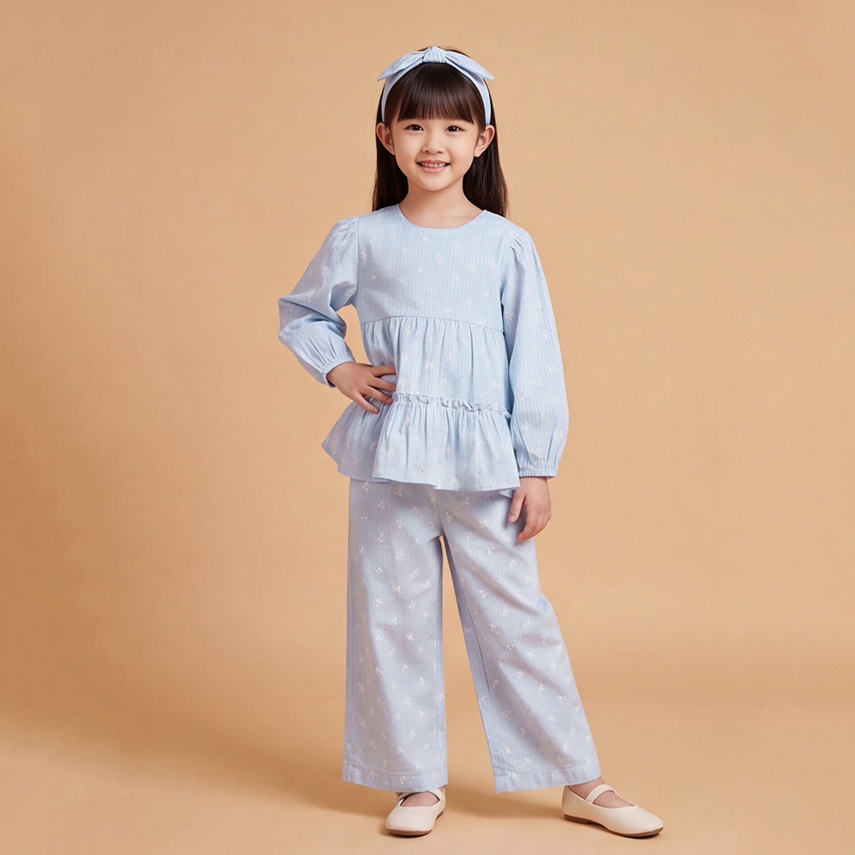 Girls Light Blue Printed Long Sleeve Top With Elasticated Pants Sets