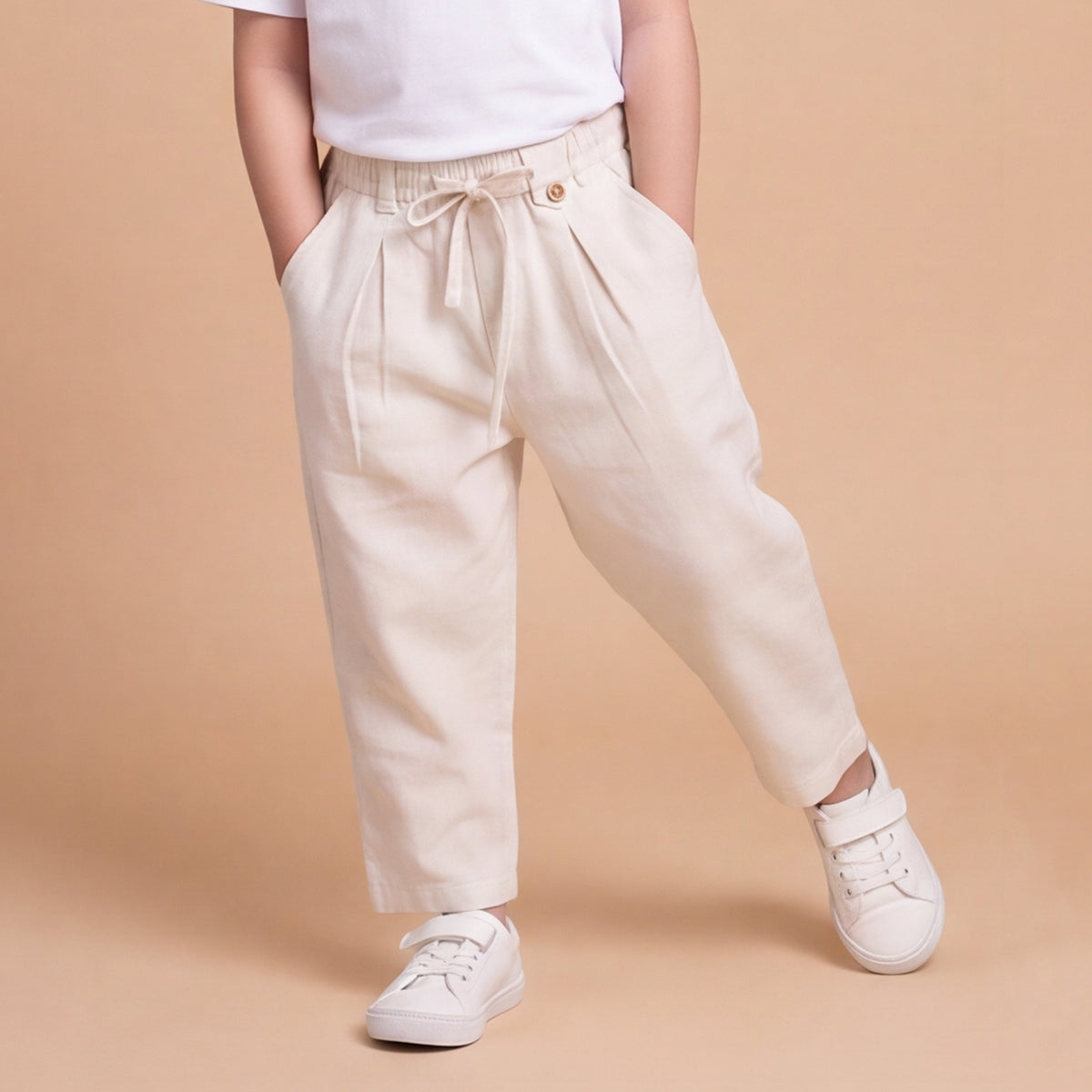 Boys White Elasticated Cotton Trousers