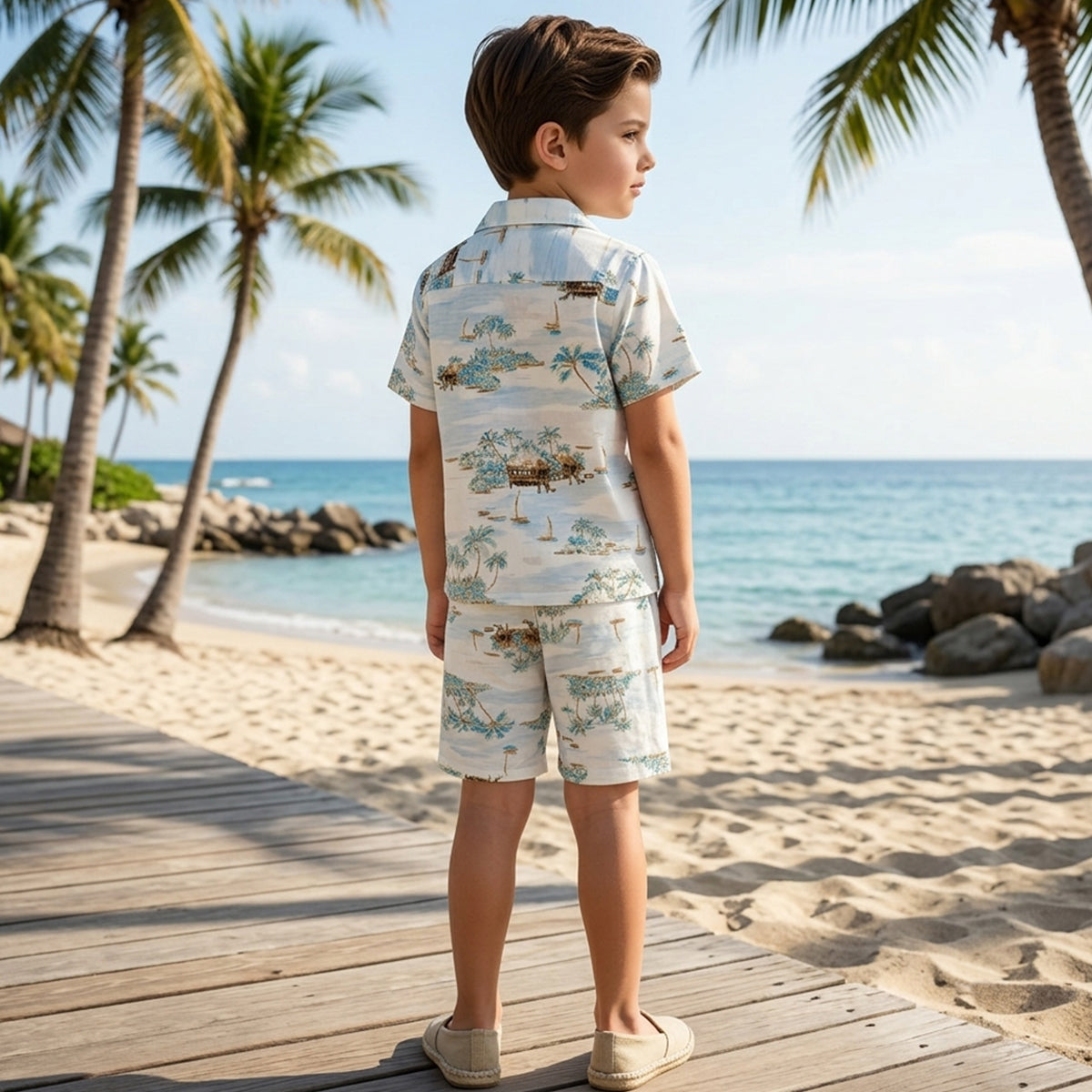 Boys White Printed Short Sleeve Shirt With Short Co-ord Set
