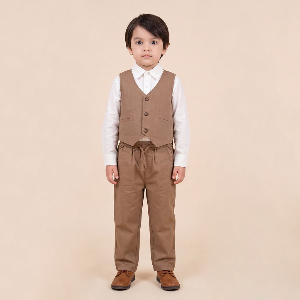 Toddler Boys Brown 3Pcs Outfit Set Shirt with Waist Coat and Pants Suit