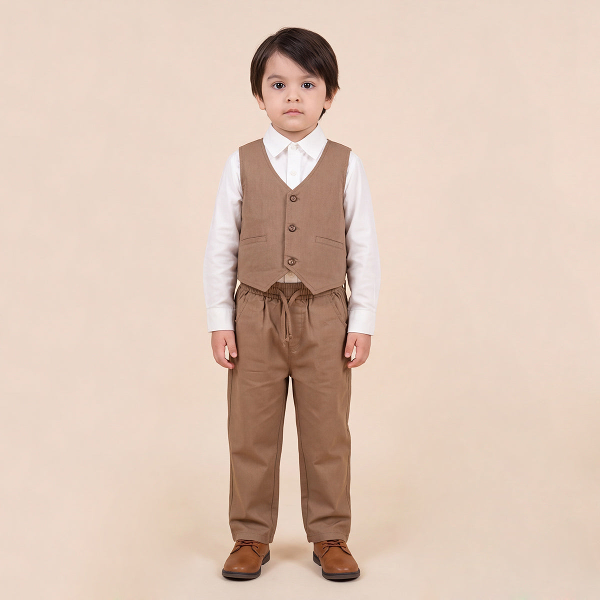 Toddler Boys Brown 3Pcs Outfit Set Shirt with Waist Coat and Pants Suit