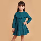 Girls Teal Green Long Sleeve Corduroy Fit & Flare Dress