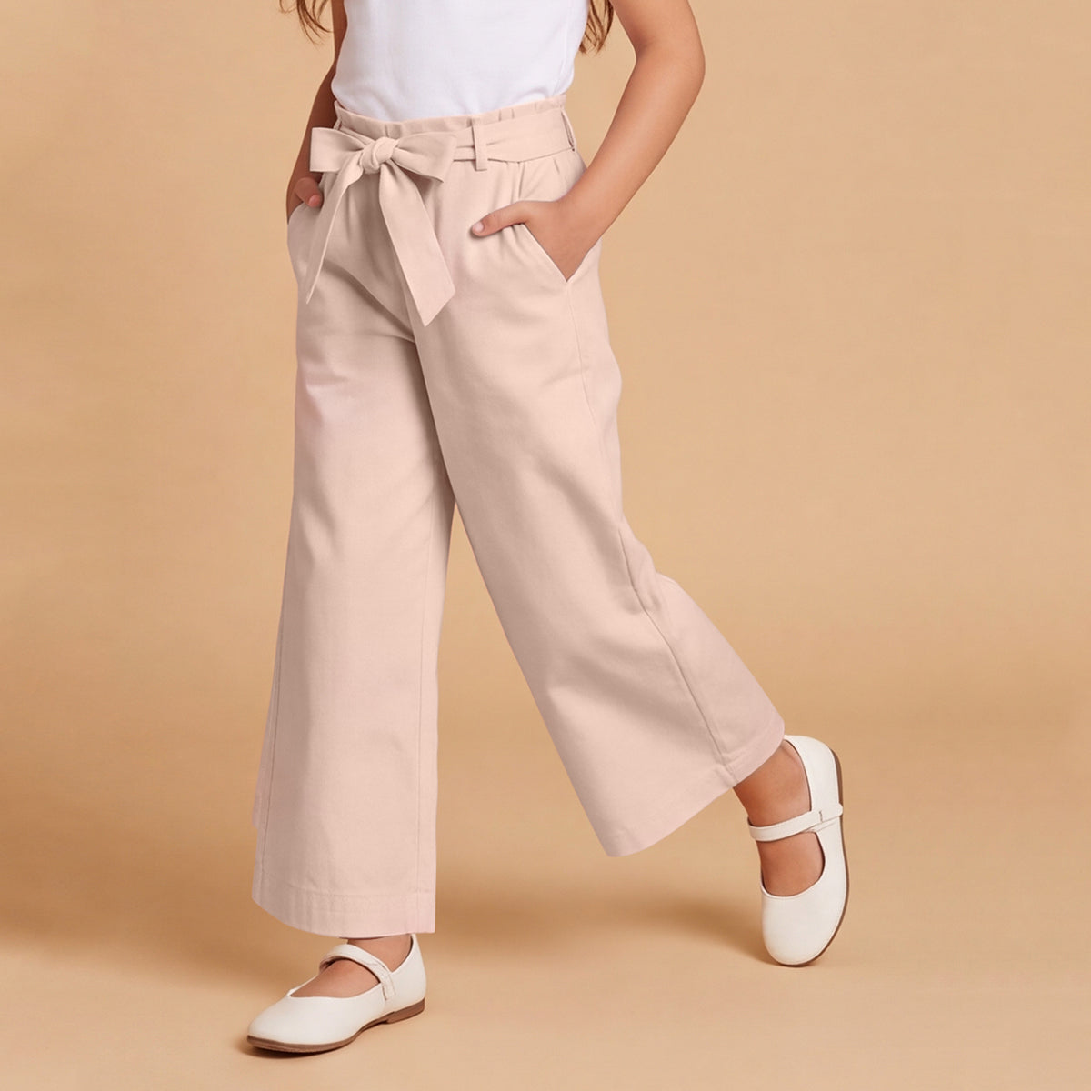 Girls Pink Elasticated Trouser With Fabric Belt