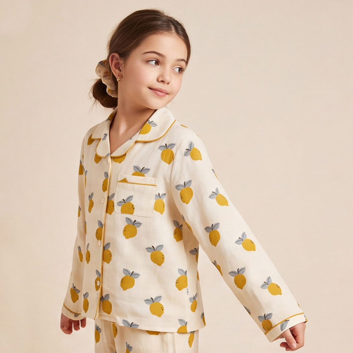 Girls Yellow 3Pcs Pajama Set: Long Sleeve Shirt, Pajamas and Matching Stretched Hair Band