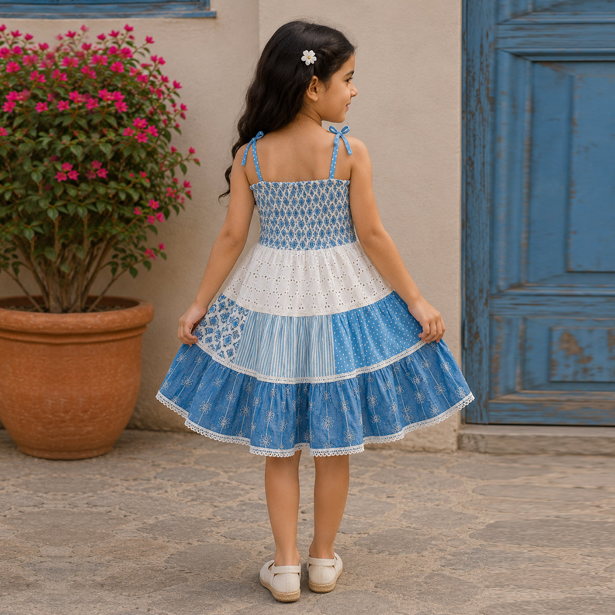 Girls Sleeveless Blue Smocked Cotton Layered Dress