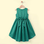Girls Green Floral Applique High Low Sleeveless Party Wear Dress