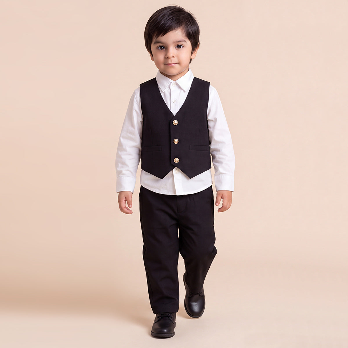 Toddler Boys Black 3Pcs Outfit Set Shirt with Waist Coat and Pants Suit