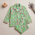 Girls Green Floral Printed Long Sleeve Shirt With Elasticated Pants Nightwear Sets