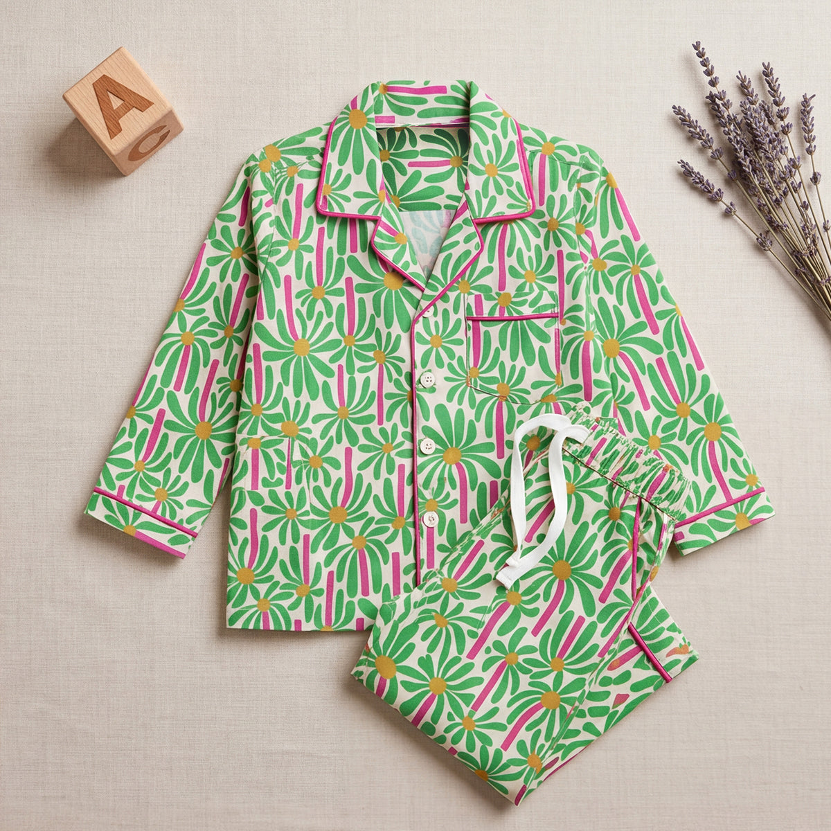 Girls Green Floral Printed Long Sleeve Shirt With Elasticated Pants Nightwear Sets