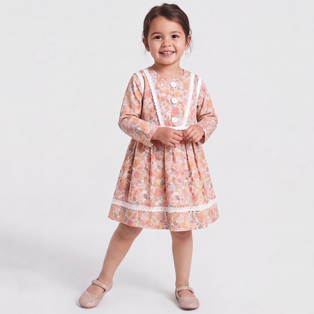 Girls Multicolor Floral Print Long Sleeve Dress