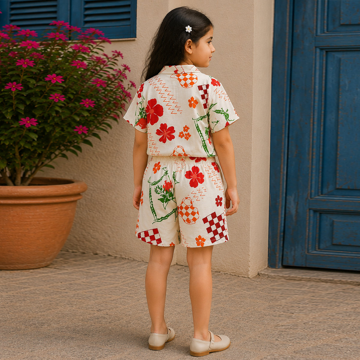 Girls Apricot Elegant Flower Printed Button-Down Linen Cotton Co-Ord Set