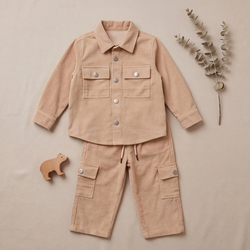 Boys Peach Cotton Corduroy Shirt With Trousers Set