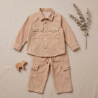 Boys Peach Cotton Corduroy Shirt With Trousers Set