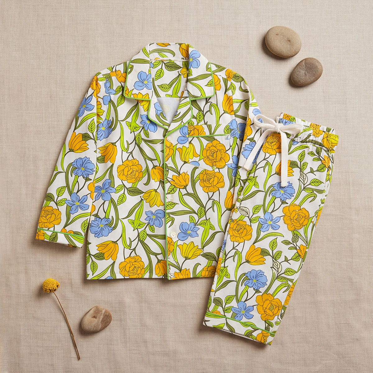 Girls Yellow Floral Printed Long Sleeve Shirt With Elasticated Pants Nightwear Sets