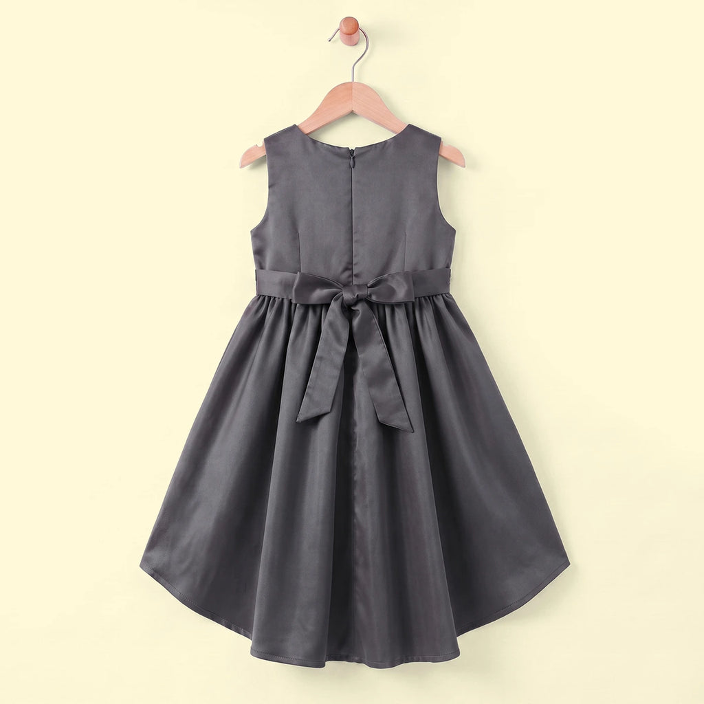 Girls Grey Floral Applique High Low Sleeveless Party Wear Dress