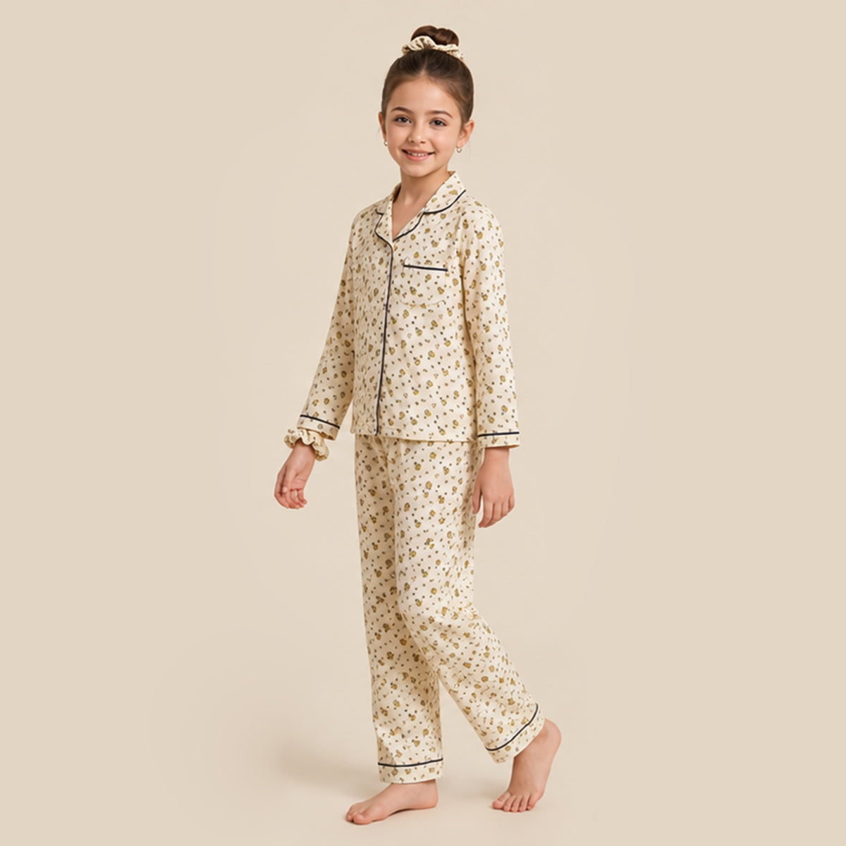 Girls Yellow 3Pcs Pajama Set: Long Sleeve Shirt, Pajamas and Matching Stretched Hair Band