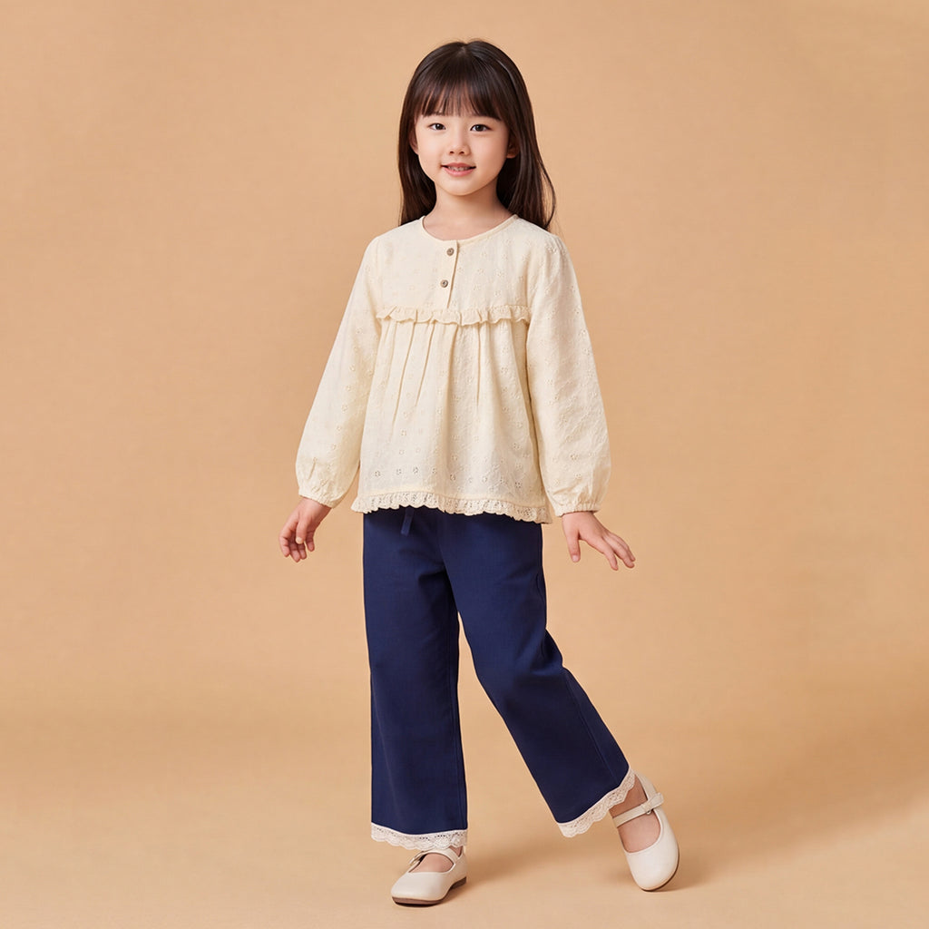 Girls Off White Embroidered Long Sleeve Top With Pants Sets