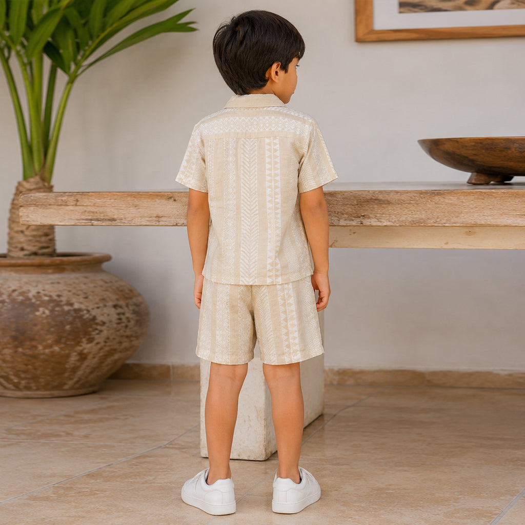 Boys Light Khaki Short Sleeve Shirt With Drawcord Waist Shorts Sets