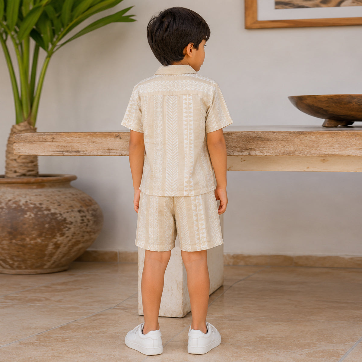 Boys Light Khaki Short Sleeve Shirt With Drawcord Waist Shorts Sets