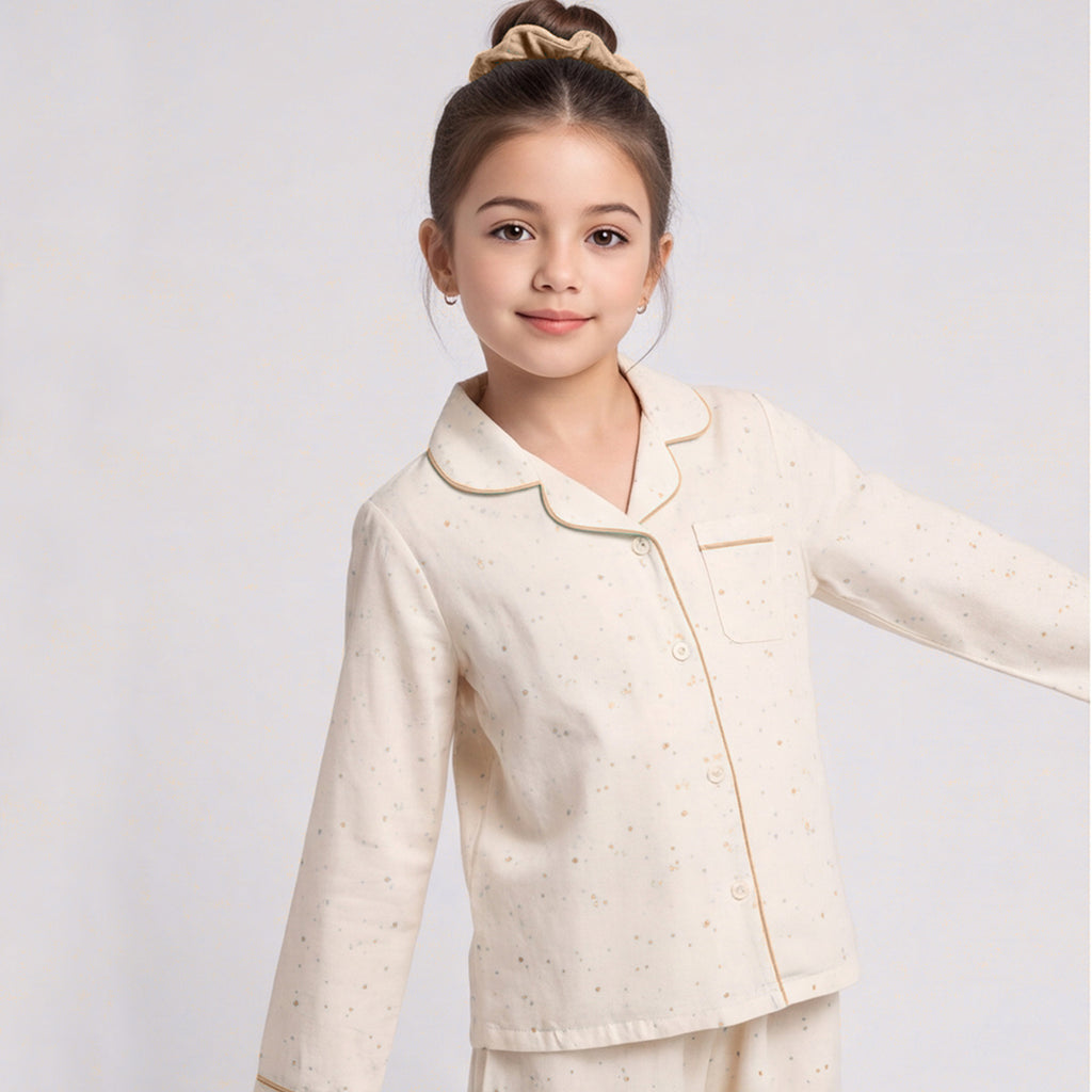 Girls Apricot 3Pcs Pajama Set: Long Sleeve Shirt, Pajamas and Matching Stretched Hair Band