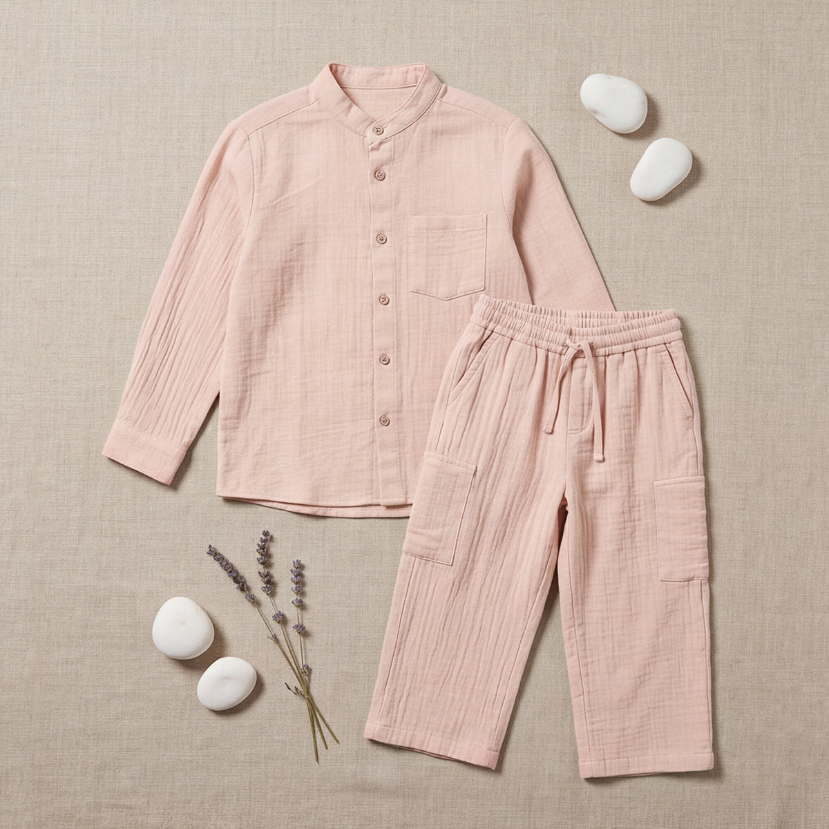 Boys Pink Mandarin collar Shirt With Elasticated Pants Set