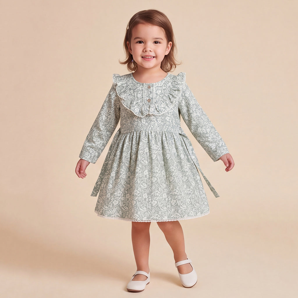 Girls Green Floral Print Long Sleeve Dress