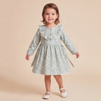 Girls Green Floral Print Long Sleeve Dress