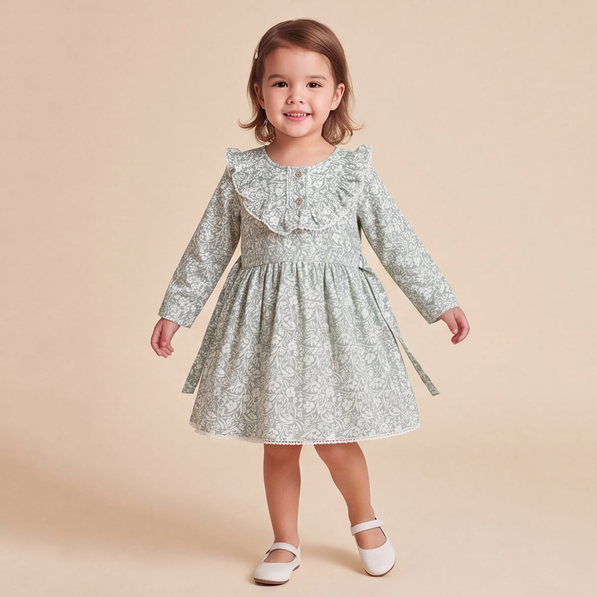 Girls Green Floral Print Long Sleeve Dress