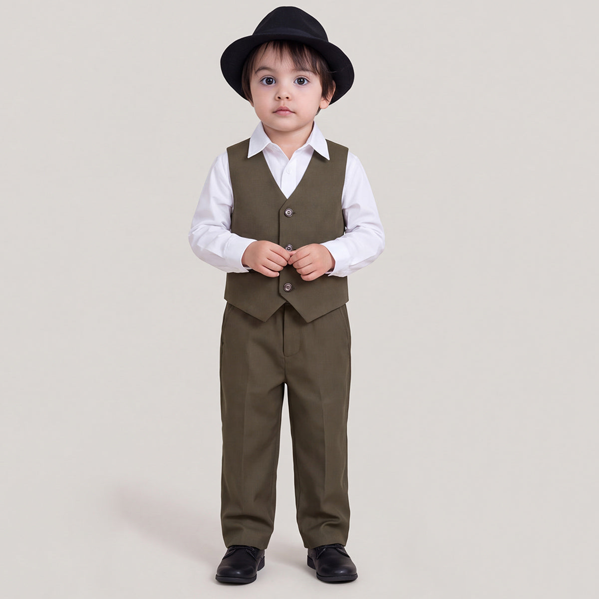 Toddler Boys Olive 3Pcs Outfit Set Shirt with Waist Coat and Pants Suit