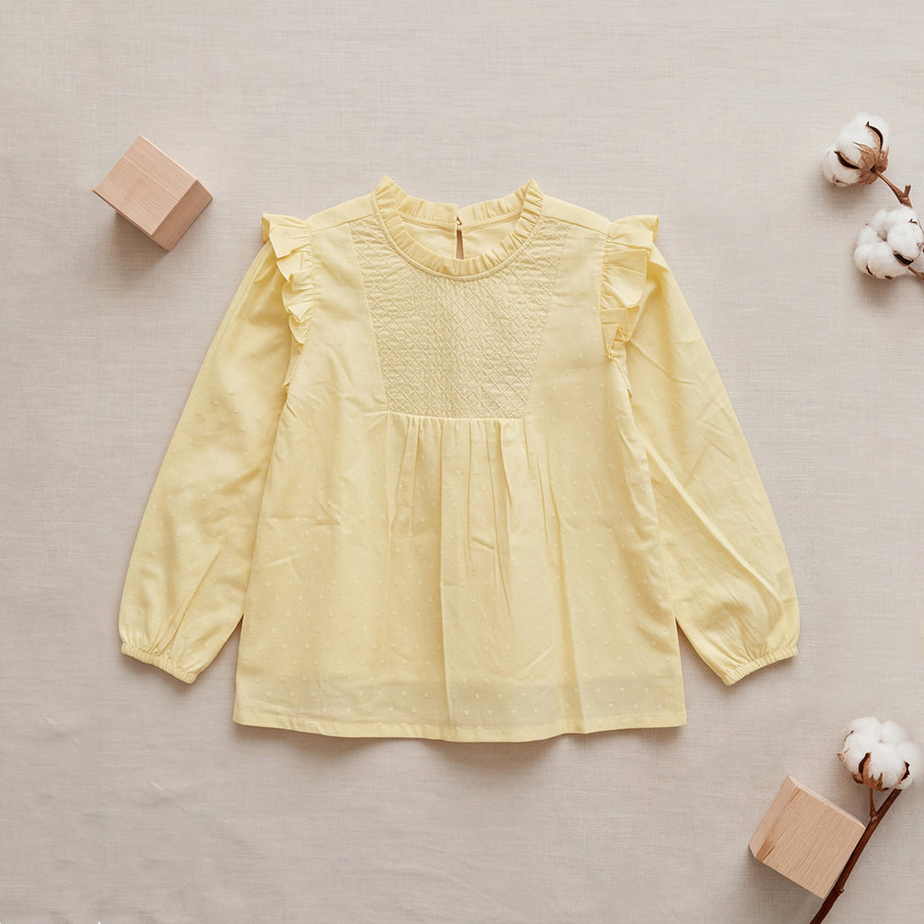 Girls Yellow Long Sleeve Swiss Dot Top