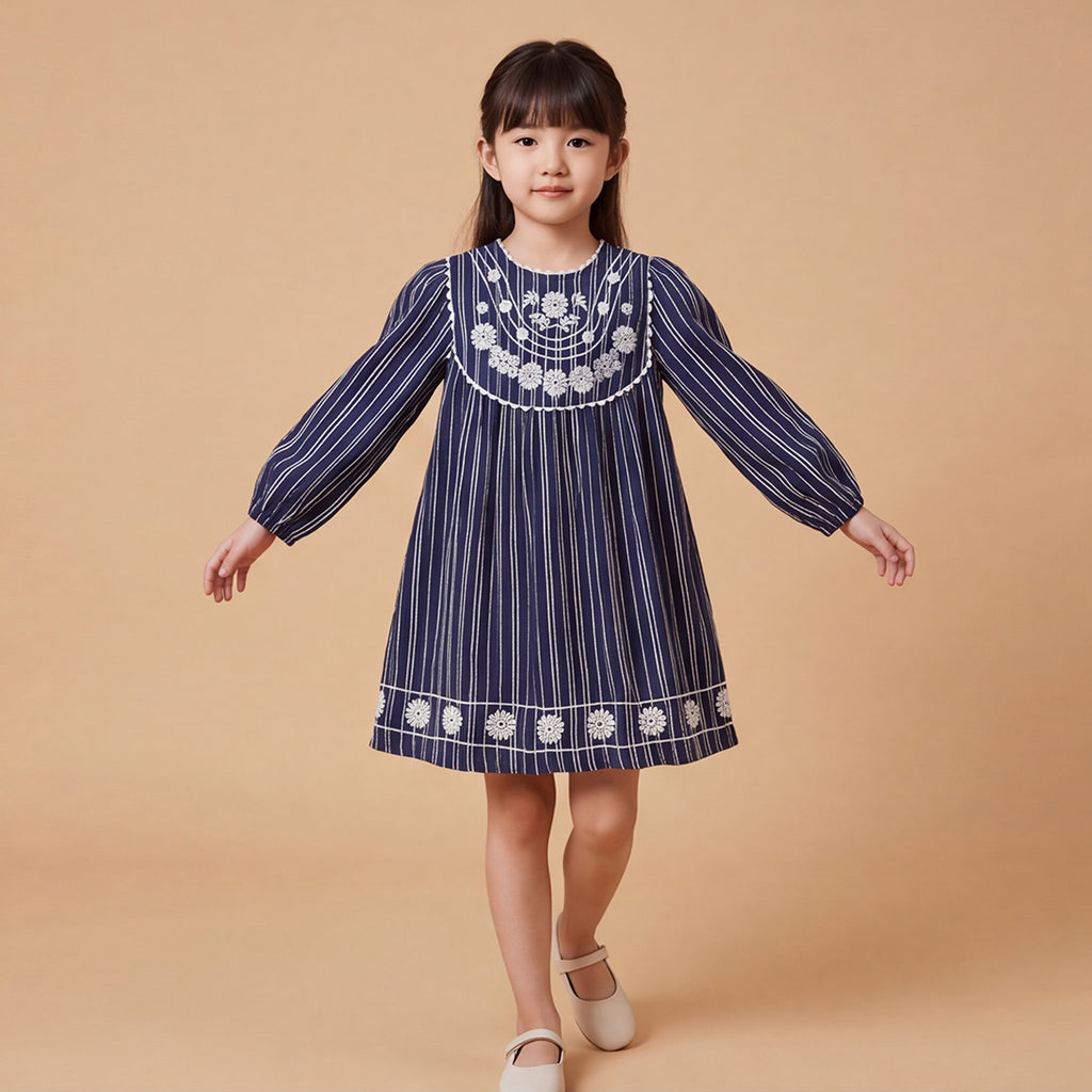 Girls Navy Embroidered Long Sleeve A-Line Dress
