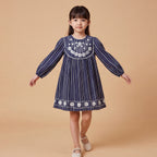 Girls Navy Embroidered Long Sleeve A-Line Dress
