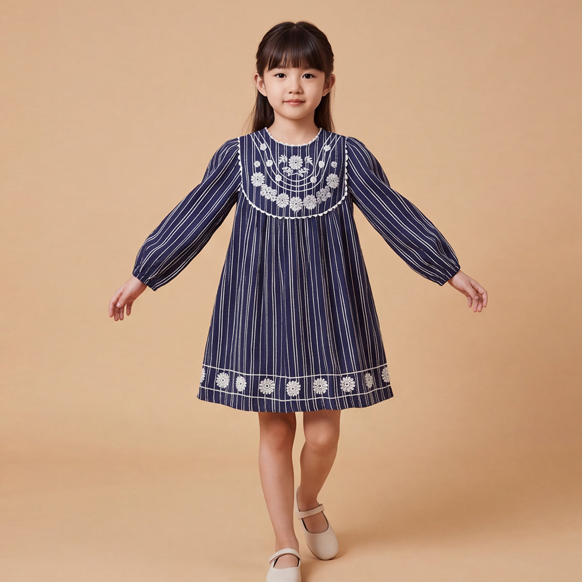 Girls Navy Embroidered Long Sleeve A-Line Dress