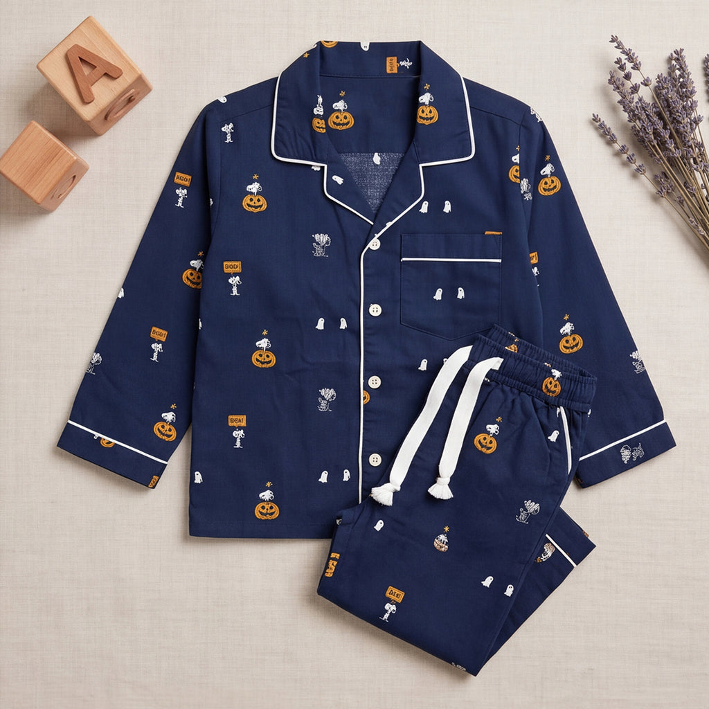 Boys Blue Printed Long Sleeve Shirt With Elasticated Pants Nightwear Sets