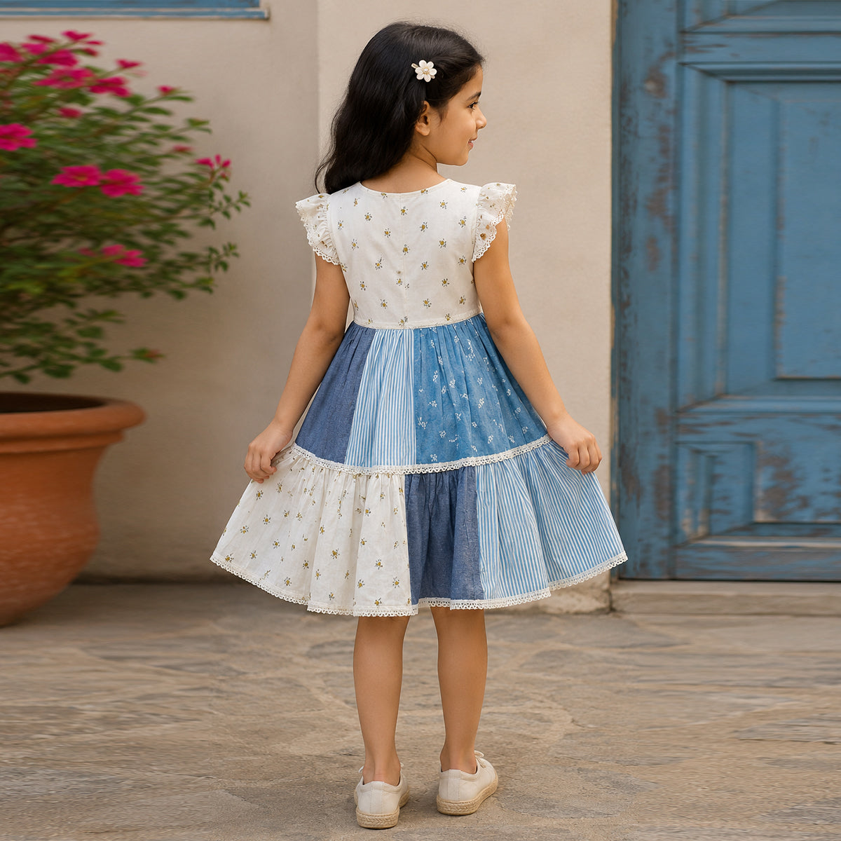 Girls White Cotton Cap-Sleeve Printed Patch Layered Tiered Dress