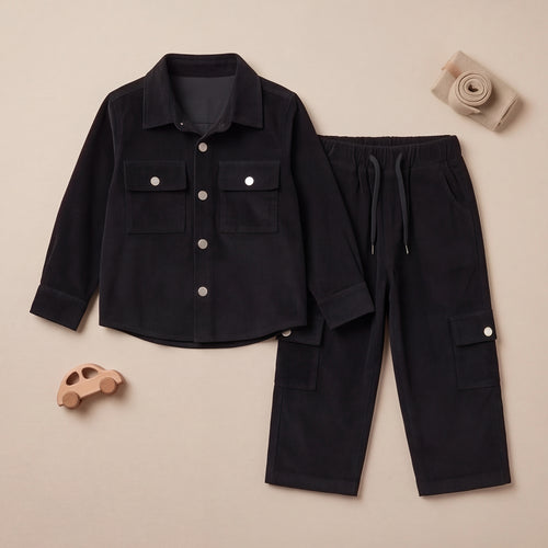 Boys Black Cotton Corduroy Shirt With Trousers Set