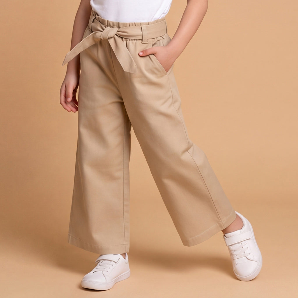 Girls Khaki Elasticated Trouser With Fabric Belt